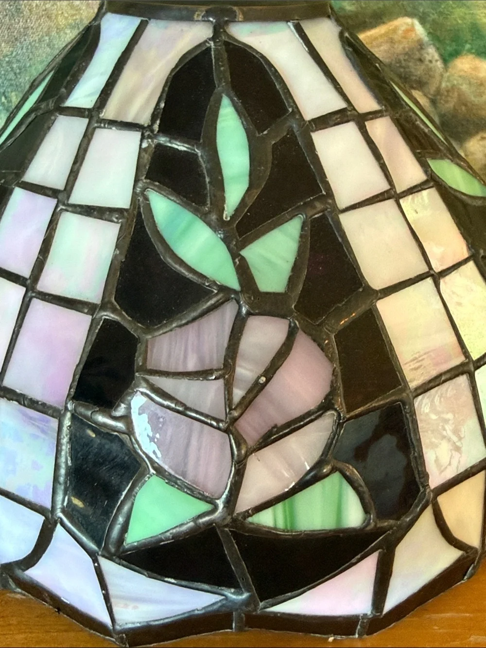 Tiffany-Style Stained Glass Lamp Shade with Floral Motif - Black & Pastel